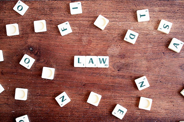 scrabble tiles that spell out the word "law"